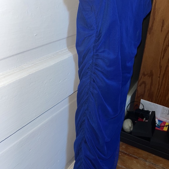 Knee Length Formal Fitted Ruched Blue Dress - Picture 3 of 4